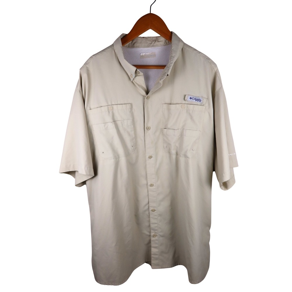 Columbia PFG Tamiami II Fishing Shirt Mens XL Tan Short Sleeve UPF 40 Hiking